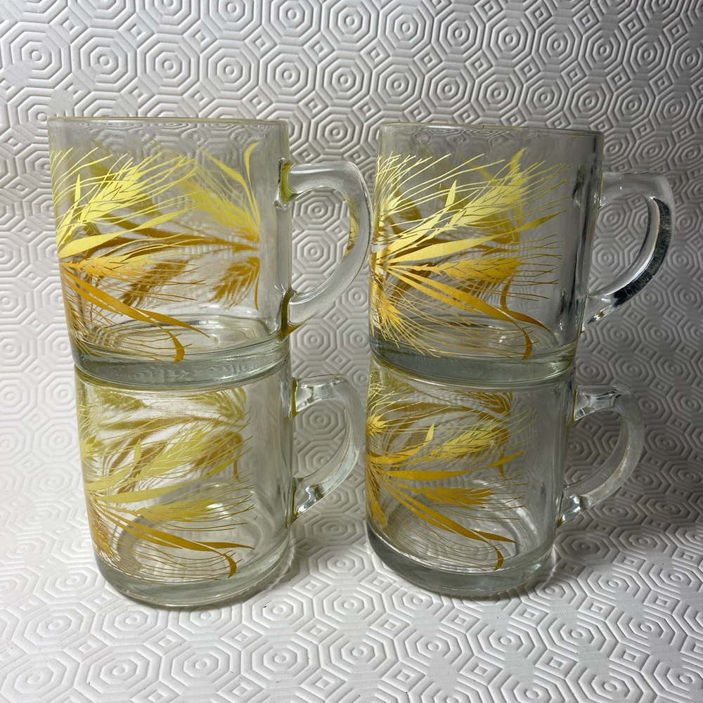 Set of 4 vintage Libby Golden Wheat clear glass coffee cups